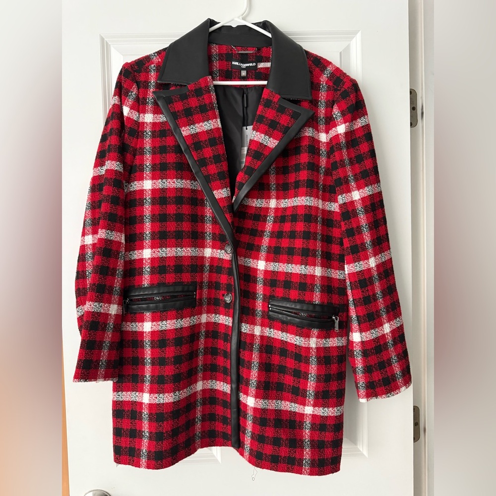 Mango Red and Black Plaid Trench Coat